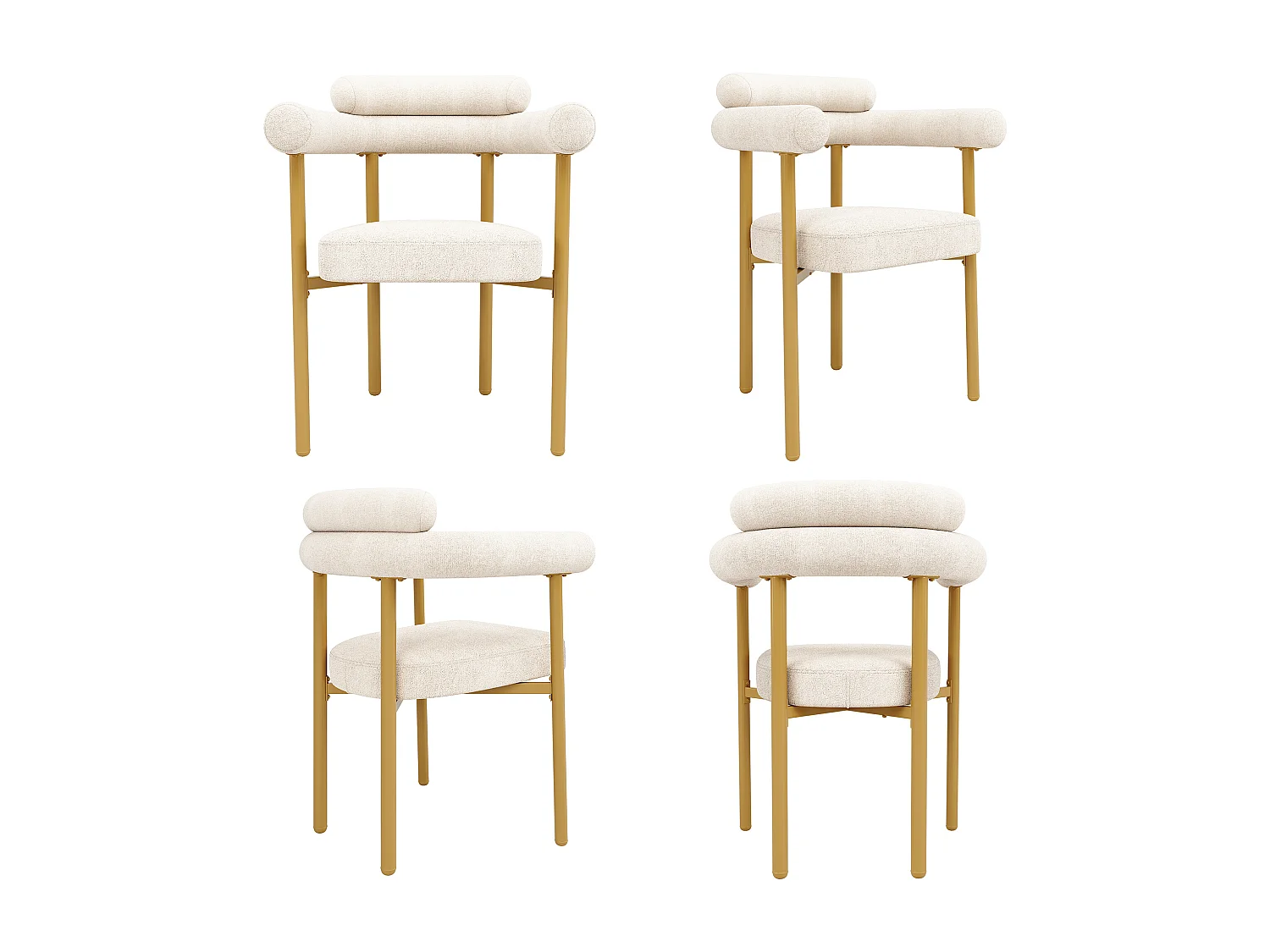 Cadeira de veludo creme com design moderno, assento confortável, pernas de metal, conjunto de 4