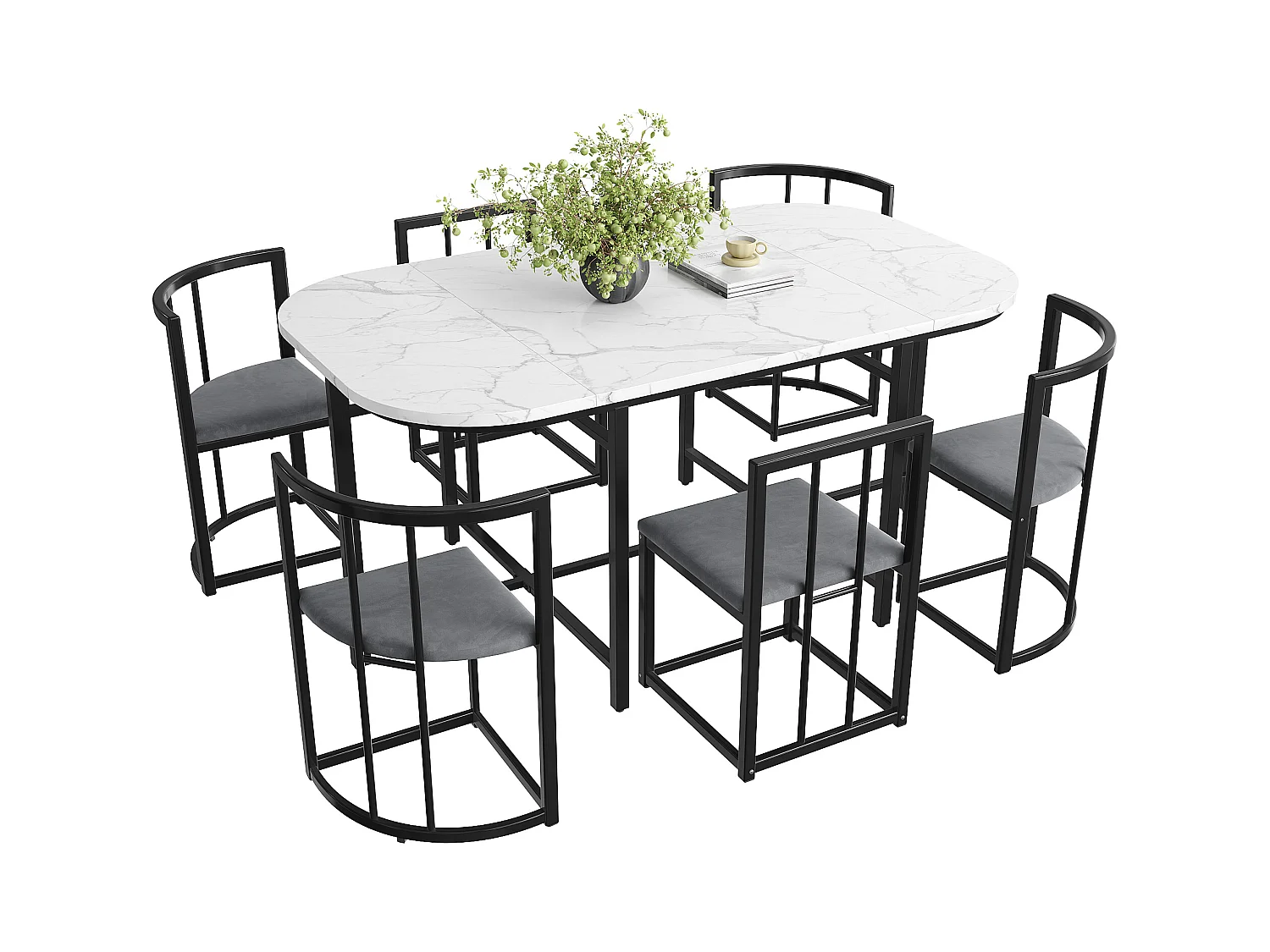 Conjunto de mesa con 6 sillas 180×90 cm MDF blanco + sillas de terciopelo gris + estructura de metal negro