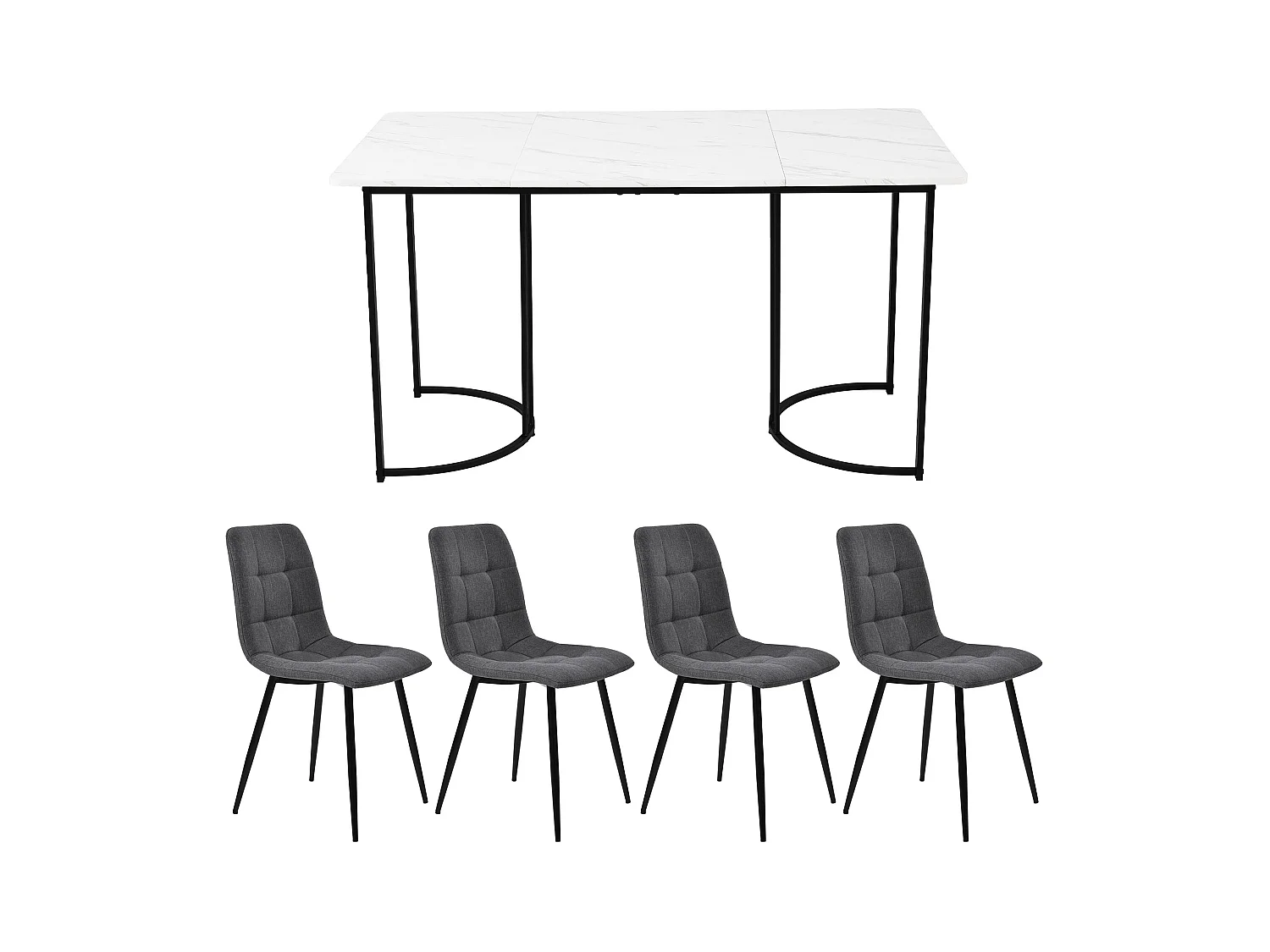 Ensemble repas Tavolo 5 pezzi MDF 140×80 cm + 4 chaise longue lin gris, pieds métal noir