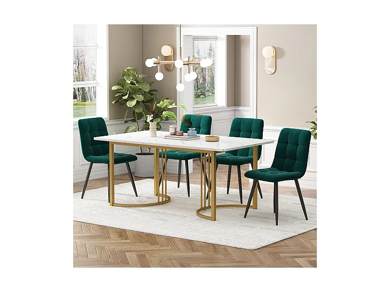 Conjunto de jantar de 5 peças, mesa de MDF 140×80 cm, pernas de metal dourado, cadeiras de veludo verde escuro