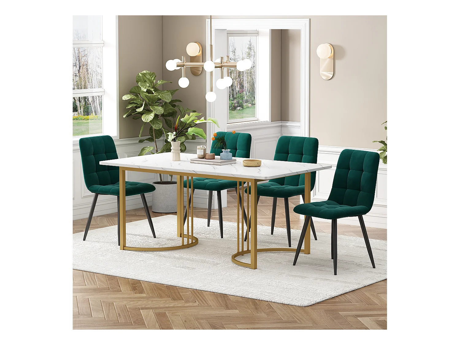 Conjunto de jantar de 5 peças, mesa de MDF 140×80 cm, pernas de metal dourado, cadeiras de veludo verde escuro