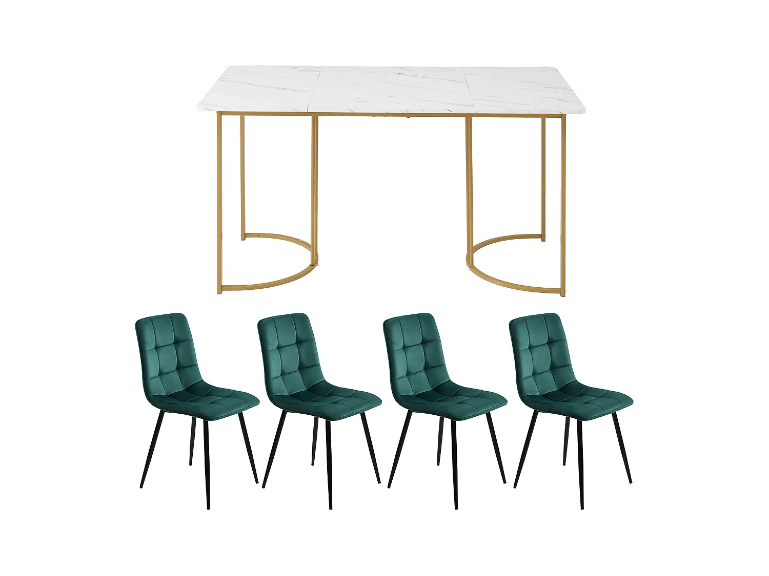 Conjunto de jantar de 5 peças, mesa de MDF 140×80 cm, pernas de metal dourado, cadeiras de veludo verde escuro