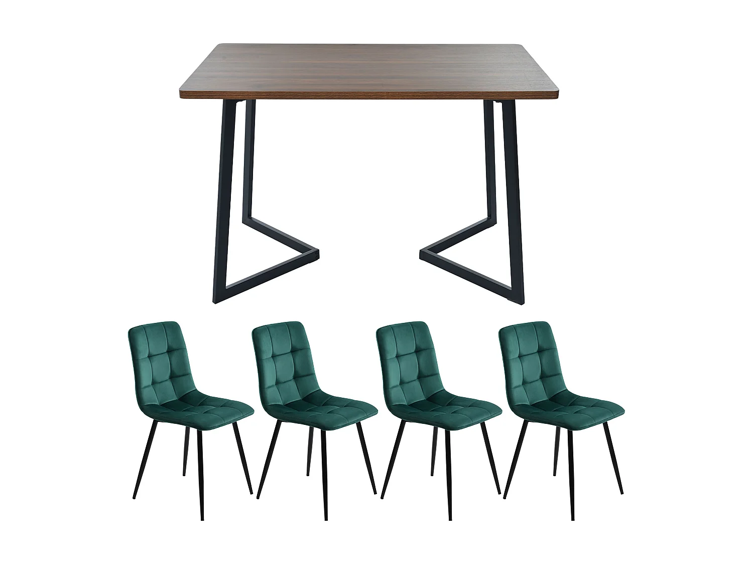 Ensemble Salle à Manger 5 Pezzi Tavolo 117×68 cm MDF Noyer Pieds Metallo Chaises Velours Vert Foncé