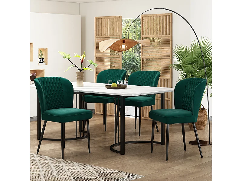 Conjunto de mesa 140×80 cm MDF + 4 sillas de terciopelo verde oscuro con patas negras