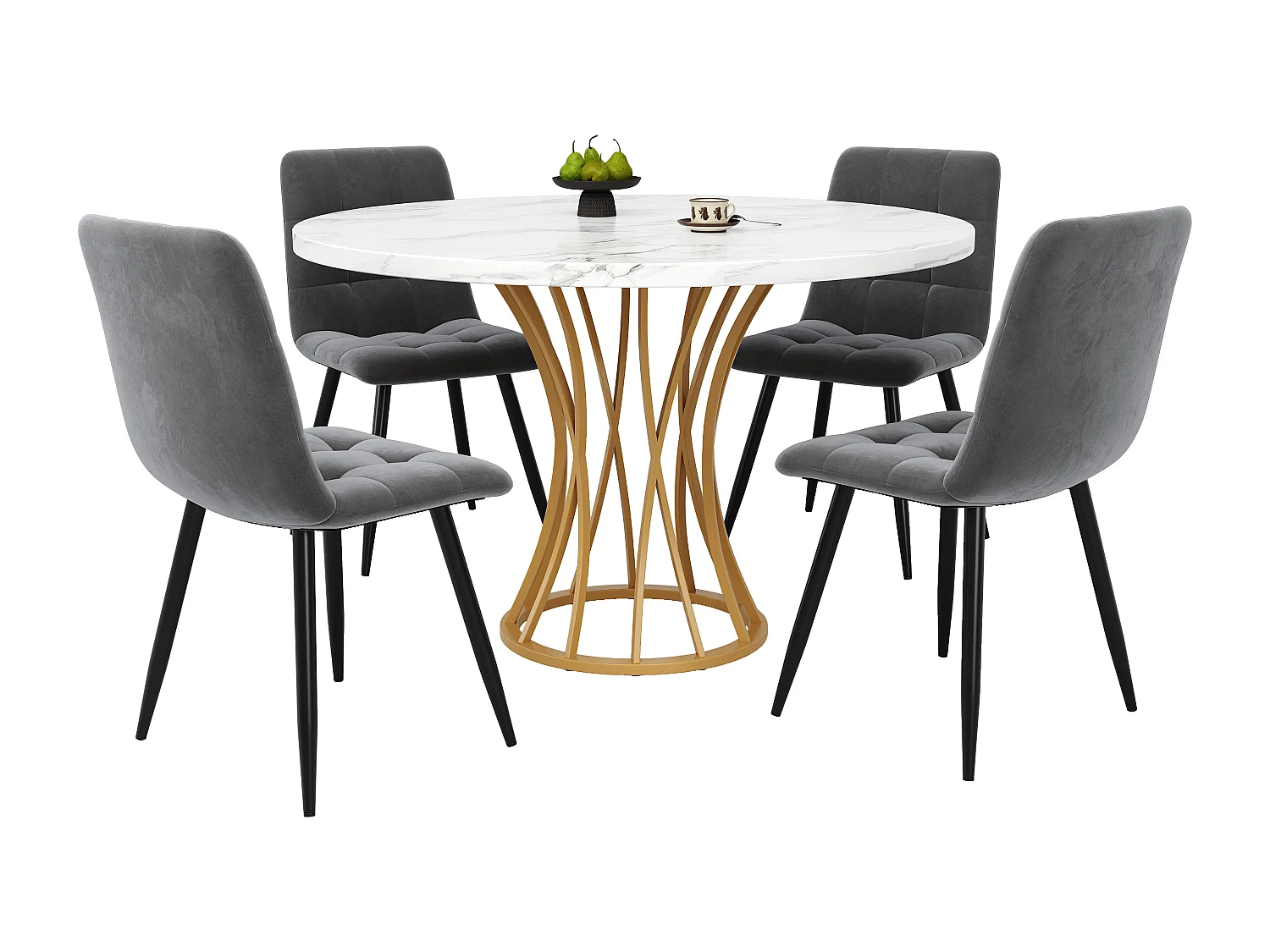 Conjunto mesa redonda 80 cm MDF mármol + 4 sillas terciopelo gris con patas metal dorado