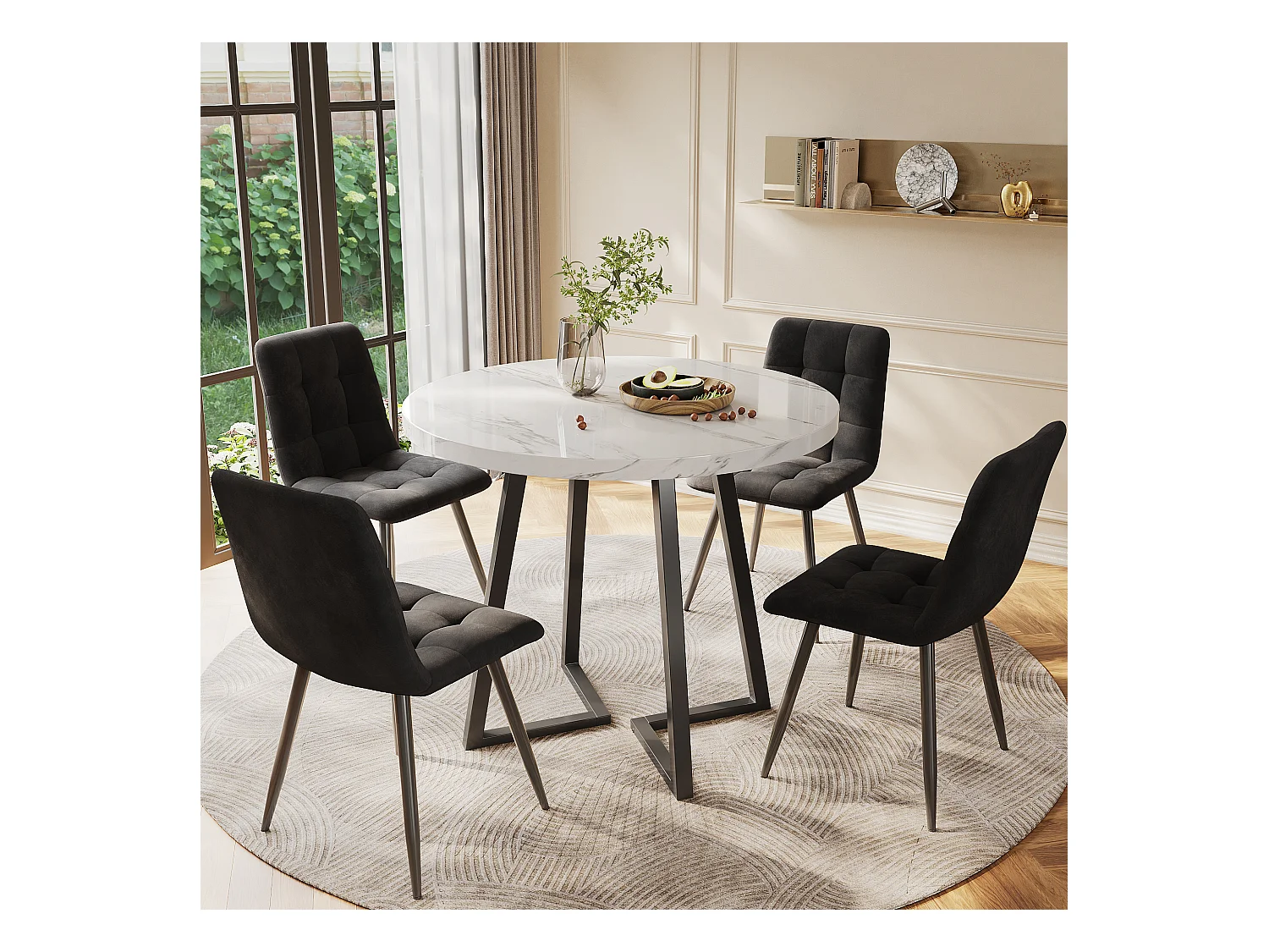 Tavolo completo rotondo 5 pezzi 80 cm MDF bianco + chaise velours noir métal