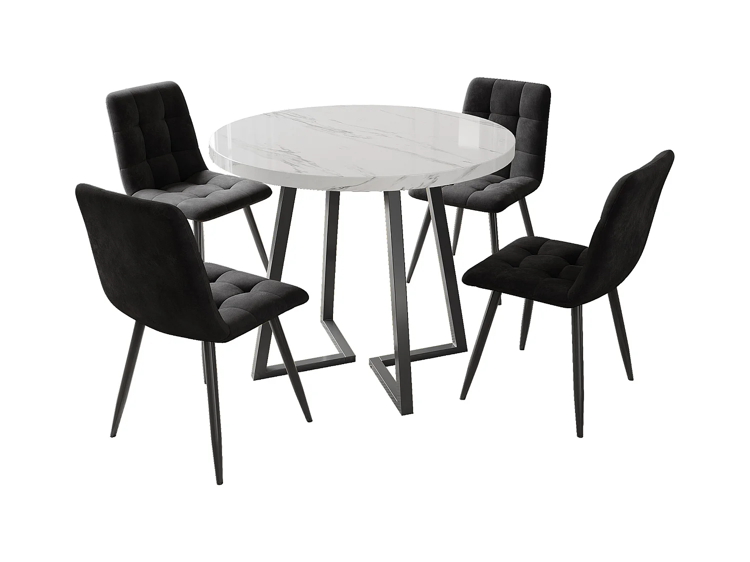 Tavolo completo rotondo 5 pezzi 80 cm MDF bianco + chaise velours noir métal