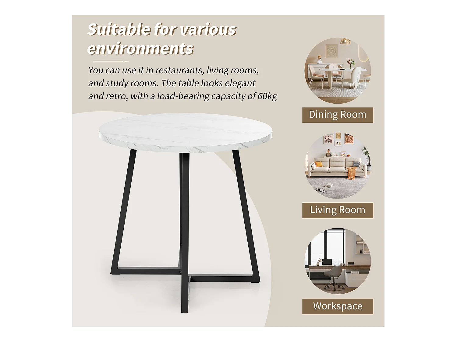 Tavolo completo rotondo 5 pezzi 80 cm MDF bianco + chaise velours noir métal