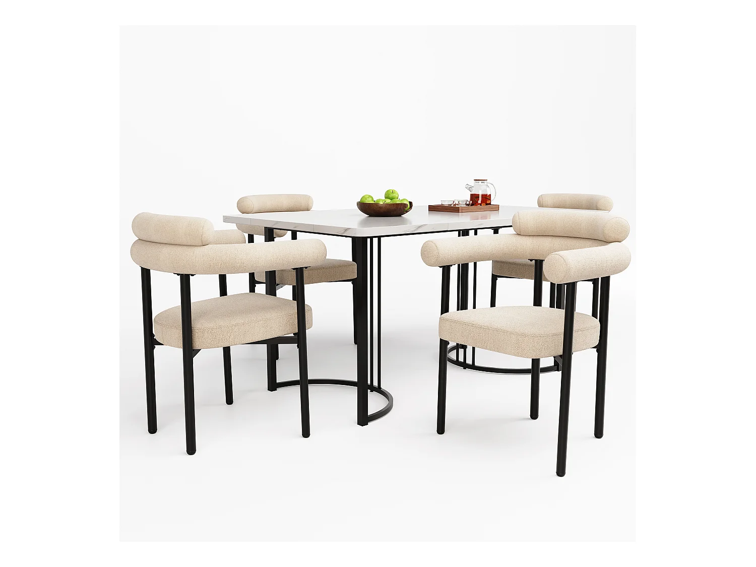 Conjunto mesa metal 140x80 cm + 4 sillas terciopelo crema comedor diseño