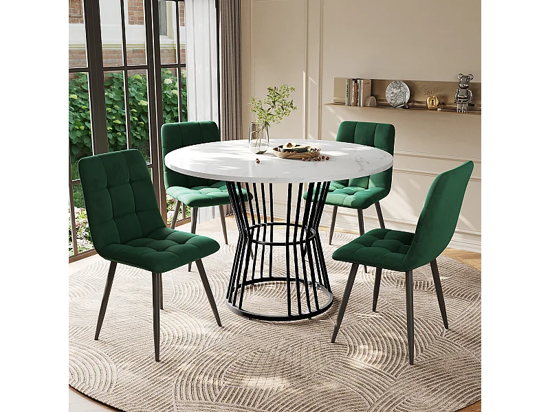 Conjunto de mesa redonda 100cm MDF metal 4 sillas terciopelo verde comedor moderno