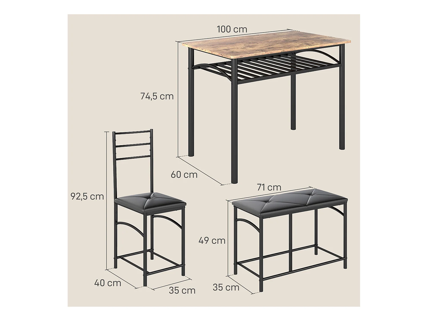Ensemble salle à manger 4 pezzi tavolo MDF metallo 2 sedie banc kitchen brun