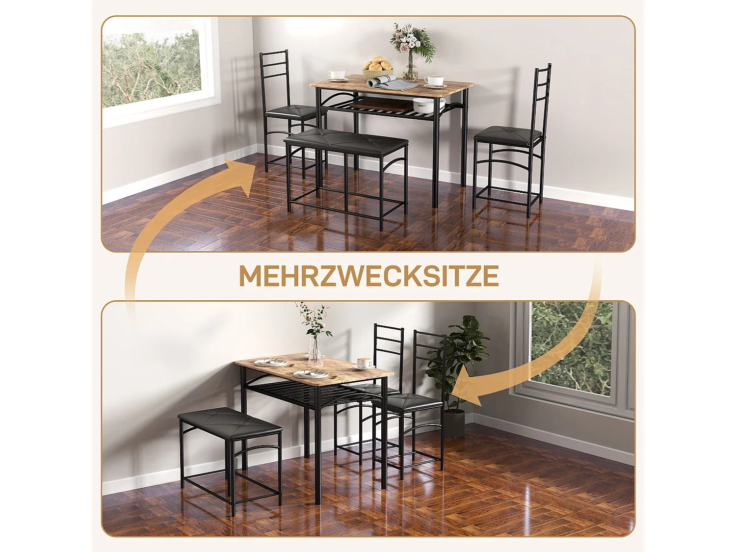 Ensemble salle à manger 4 pezzi tavolo MDF metallo 2 sedie banc kitchen brun