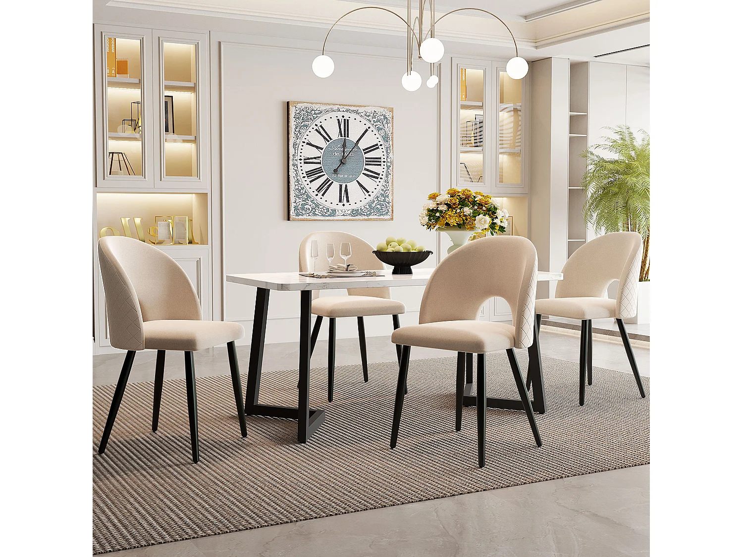 Conjunto de 5 peças para sala de jantar, mesa 117×68 cm, pernas de metal MDF, cadeiras de veludo bege, diamante