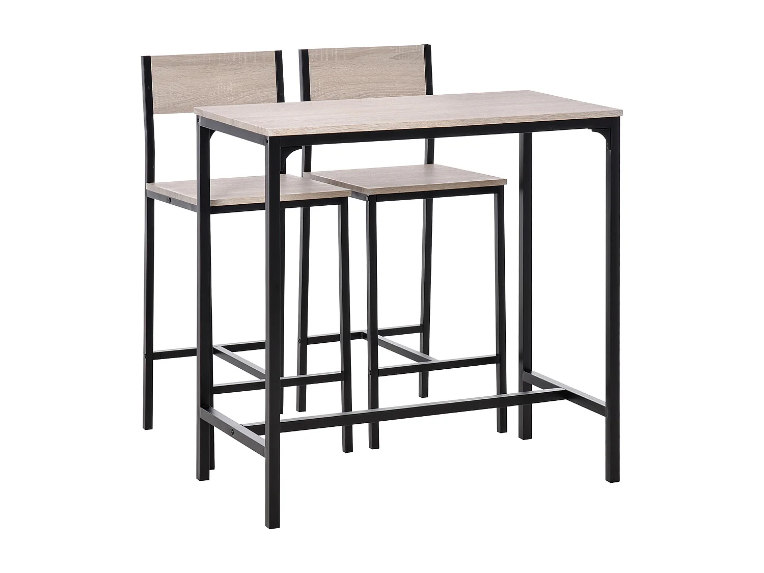 Conjunto de bar de 3 peças, mesa de metal MDF, 2 bancos, cozinha, sala de estar, preto natural, 89x45x87cm