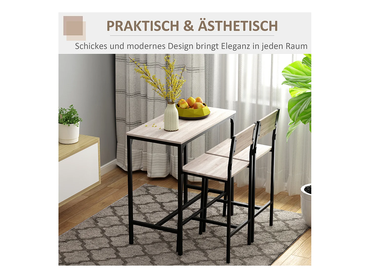 Conjunto de bar de 3 peças, mesa de metal MDF, 2 bancos, cozinha, sala de estar, preto natural, 89x45x87cm