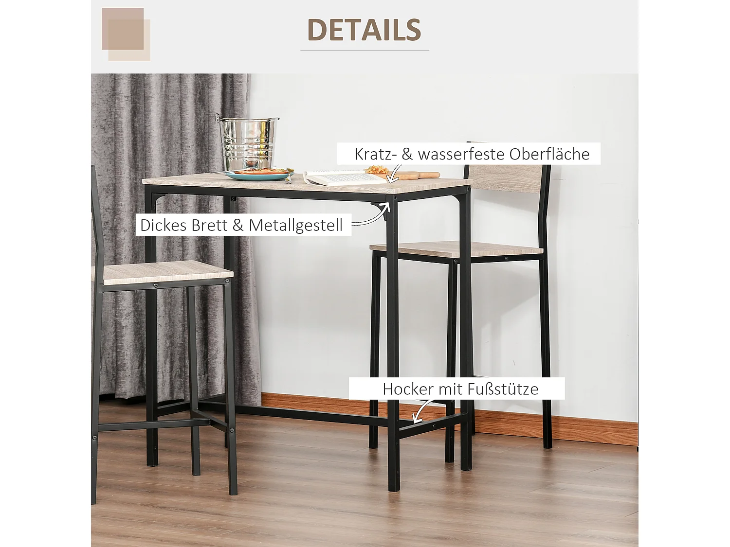 Ensemble bar tavolo 3 pezzi MDF metallo 2 tabourets cucina salone naturel noir 89x45x87cm
