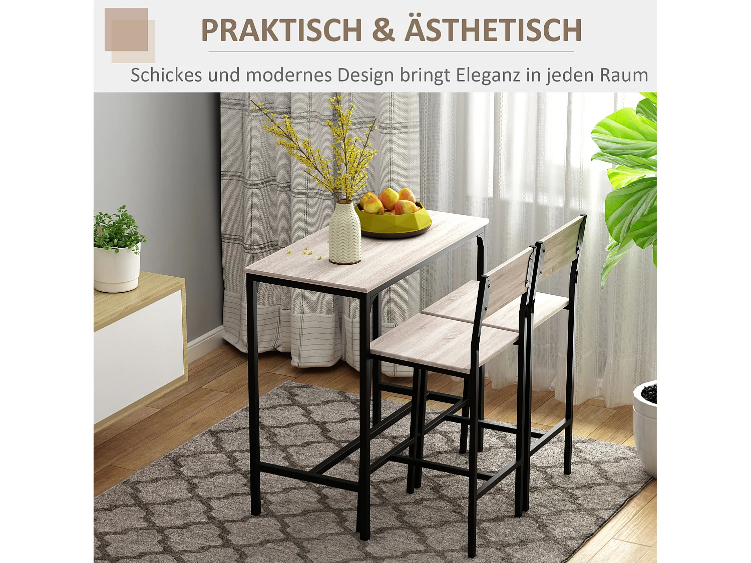 Ensemble bar tavolo 3 pezzi MDF metallo 2 tabourets cucina salone naturel noir 89x45x87cm