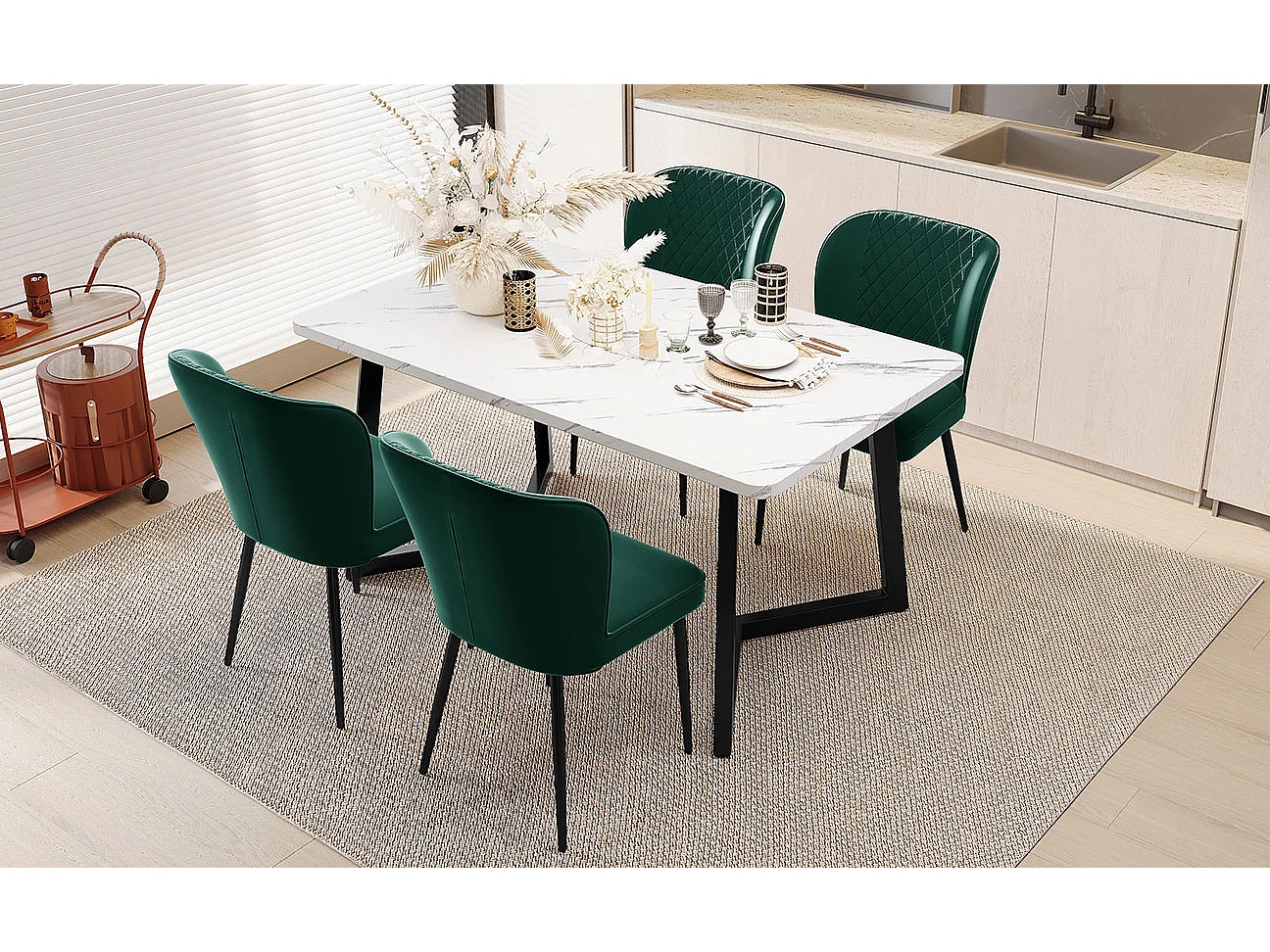 Conjunto de mesa 117×68 cm MDF + 4 cadeiras de veludo verde escuro