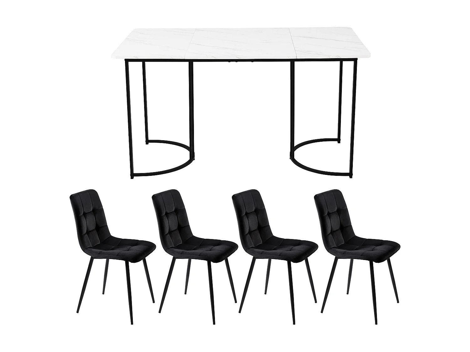 Conjunto de jantar de 5 peças, mesa de MDF 140×80 cm, pernas de metal, cadeiras de veludo preto
