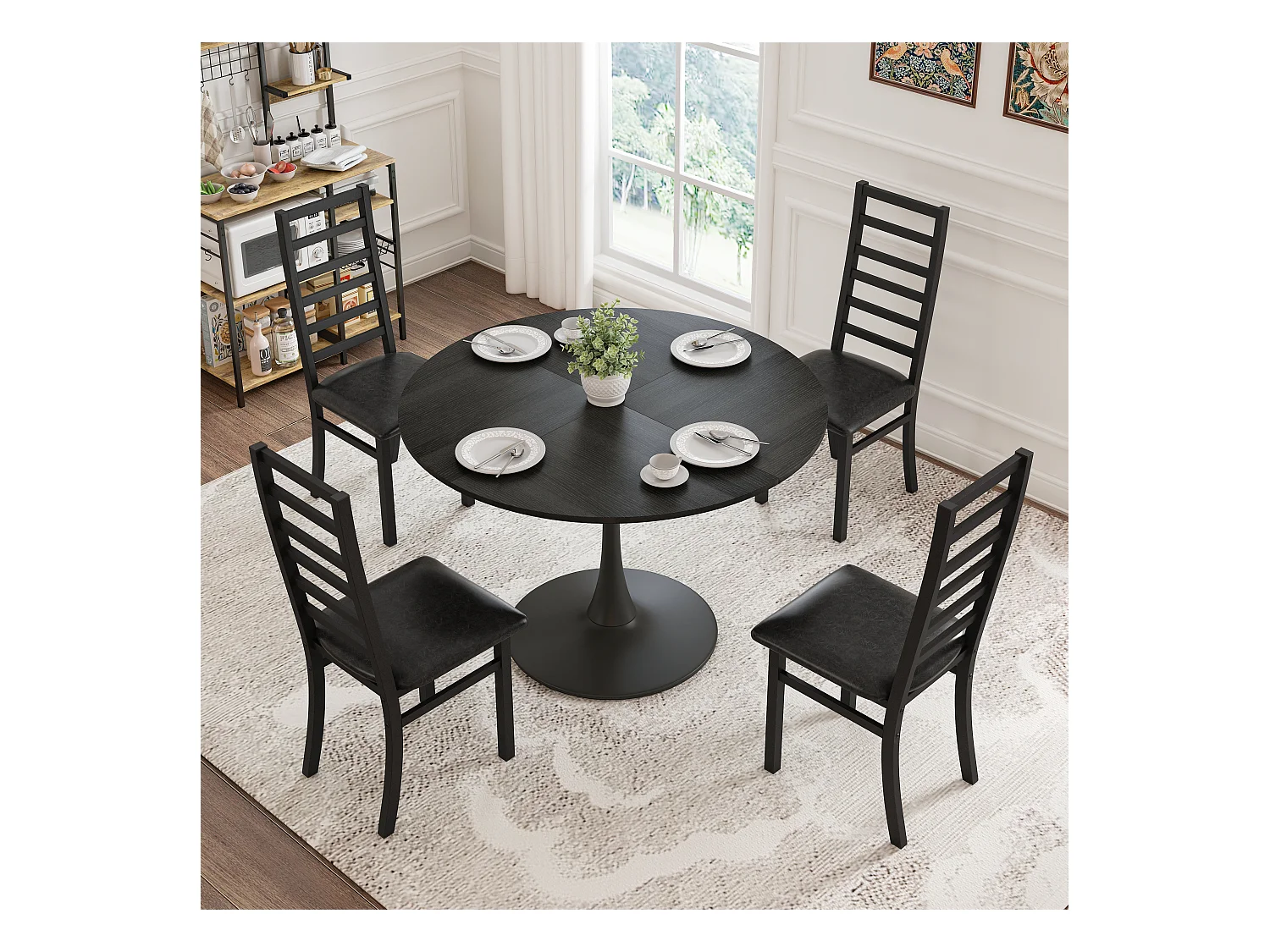 Tavolo completo tulipe 120 cm 4 sedie metallo PU nero salle à manger café