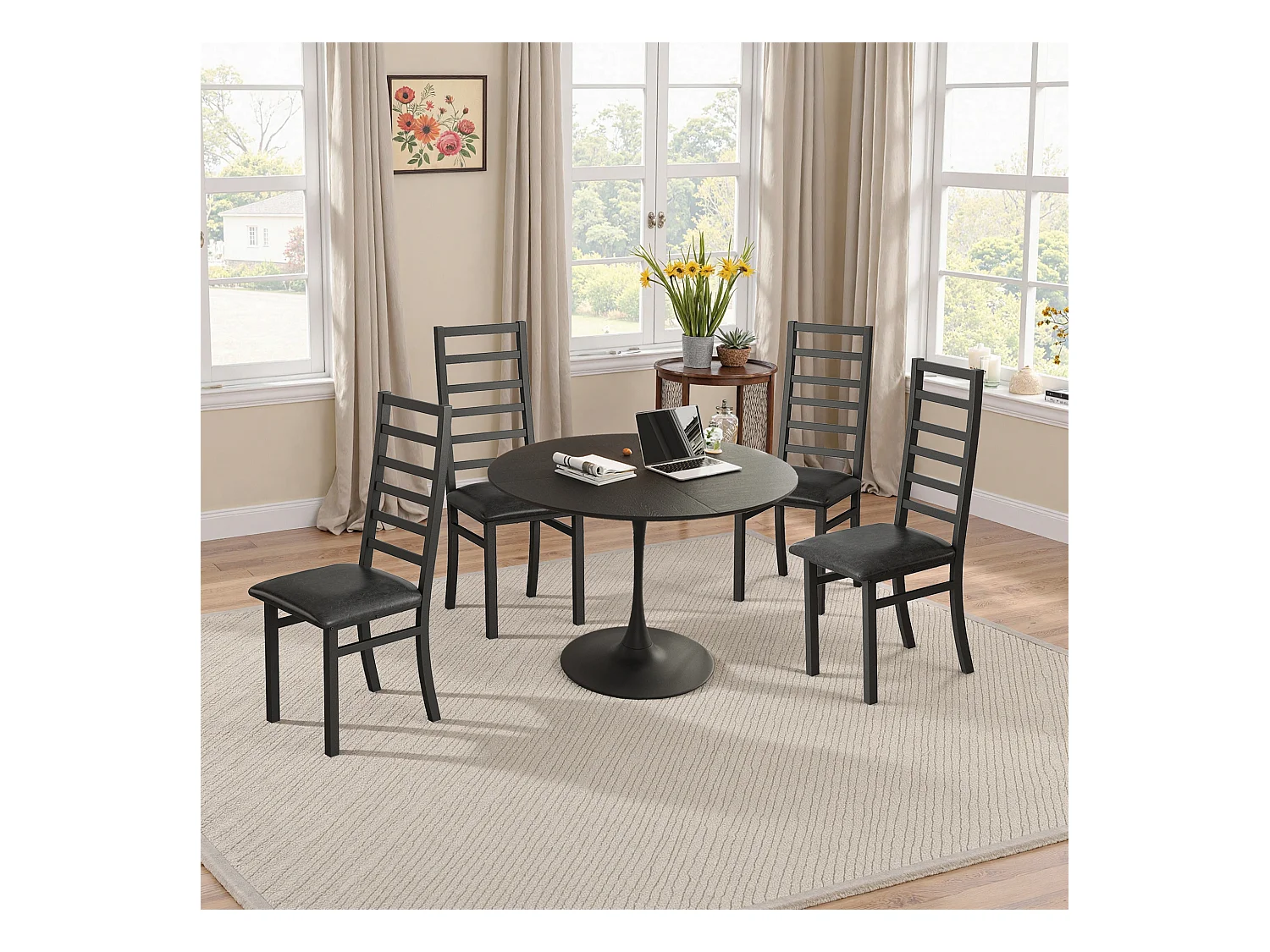 Tavolo completo tulipe 120 cm 4 sedie metallo PU nero salle à manger café