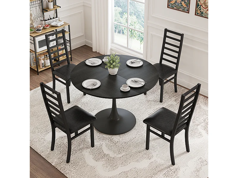 Conjunto de mesa Tulip 120 cm 4 sillas de metal PU negro comedor cafetería