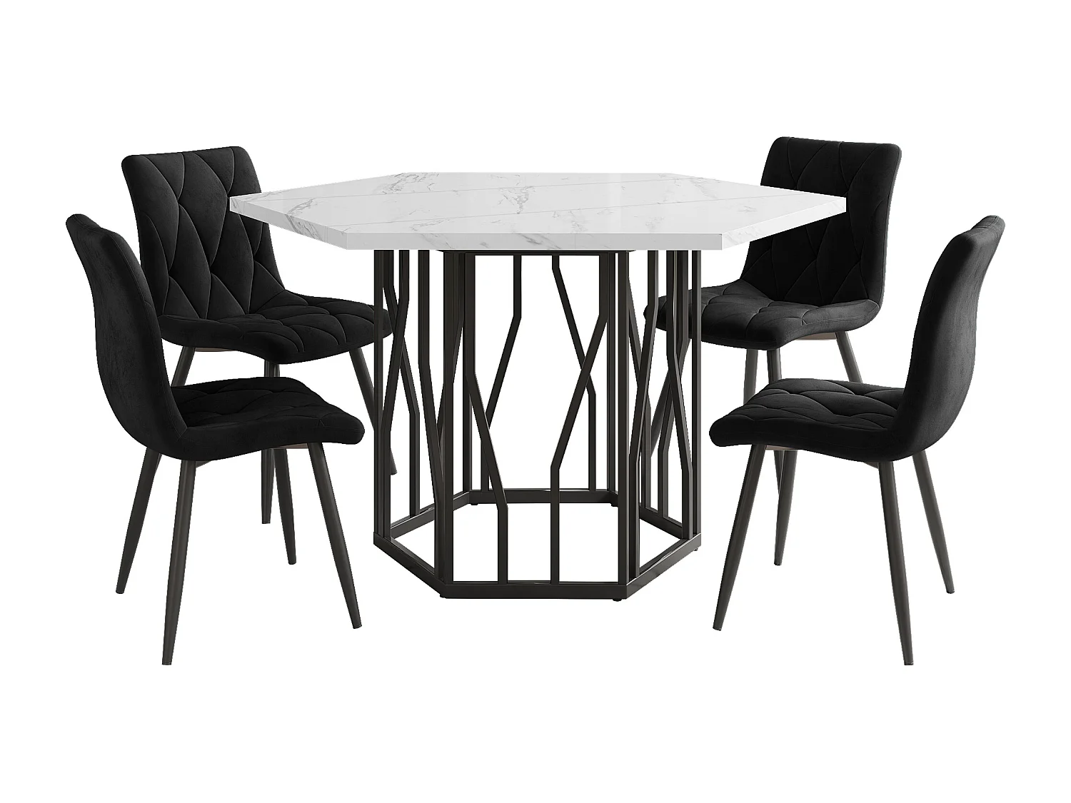 Tavolo completo esagonale marmo 115,5x100 cm MDF metallo + 4 chaise longue velluto nero salle à manger