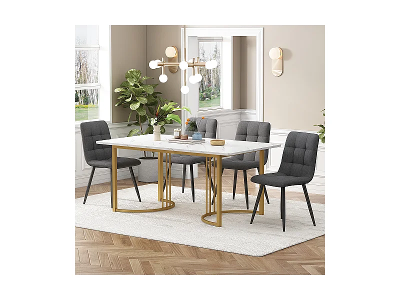 Conjunto de jantar de 5 peças, mesa de MDF 140×80 cm, pernas de metal dourado, cadeiras de linho cinza escuro