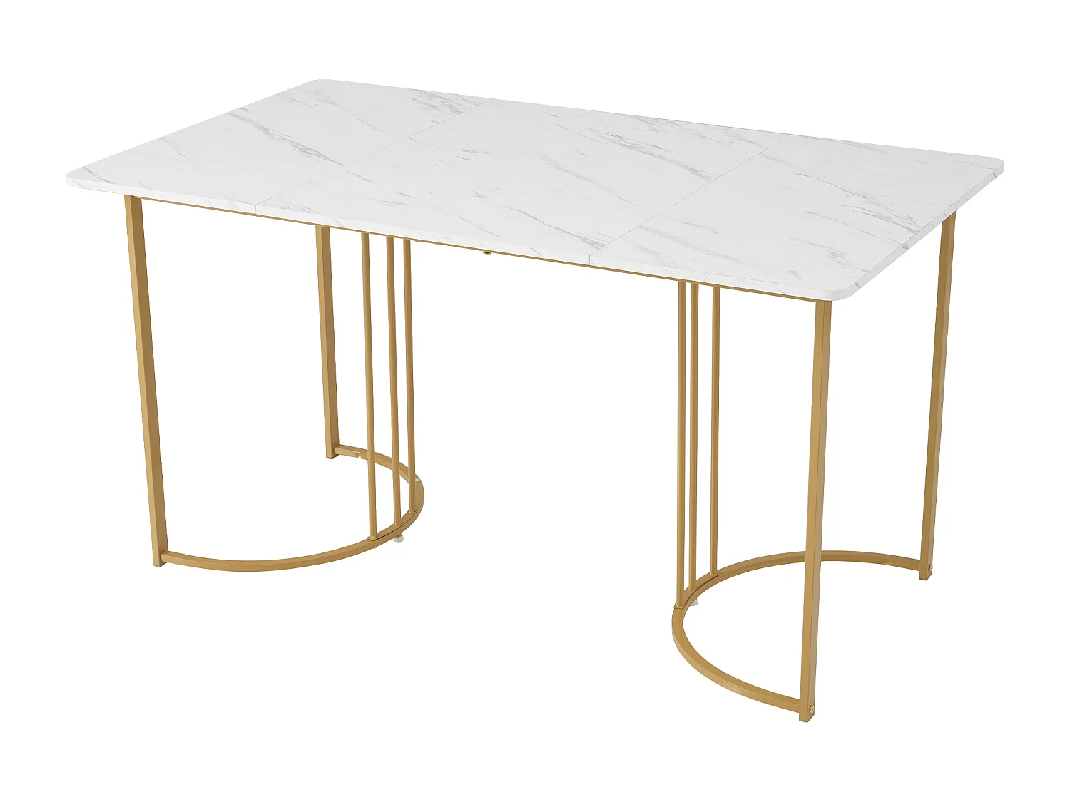 Conjunto de jantar de 5 peças, mesa de MDF 140×80 cm, pernas de metal dourado, cadeiras de linho cinza escuro