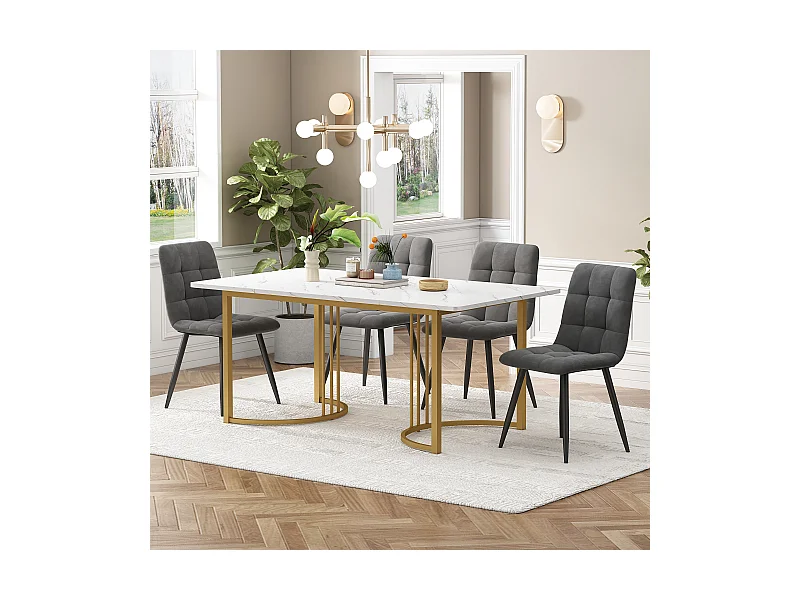 Conjunto de jantar de 5 peças, mesa de MDF 140×80 cm, pernas de metal dourado, cadeiras de veludo cinza escuro