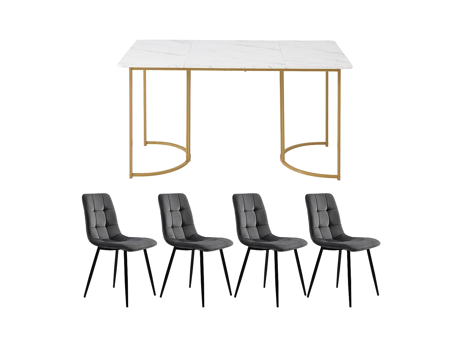 Conjunto de jantar de 5 peças, mesa de MDF 140×80 cm, pernas de metal dourado, cadeiras de veludo cinza escuro