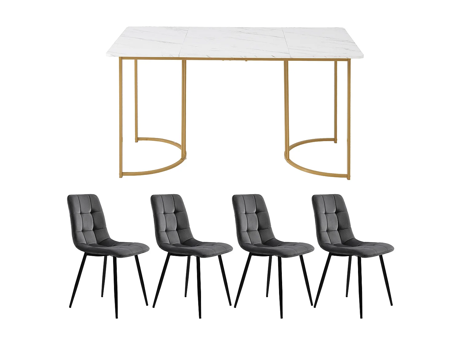 Conjunto de jantar de 5 peças, mesa de MDF 140×80 cm, pernas de metal dourado, cadeiras de veludo cinza escuro