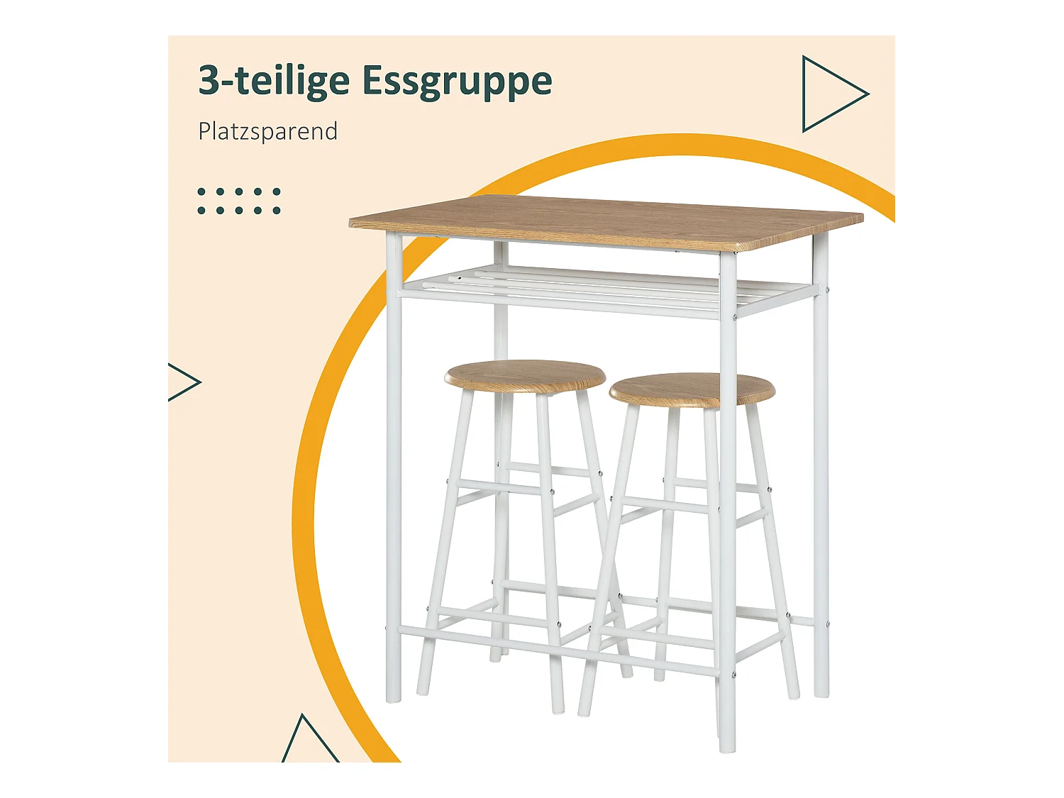 Conjunto de bar de 3 piezas con mesa de metal MDF y 2 taburetes para almacenaje de cocina y salón, roble blanco, 80 x 50 x 90 cm