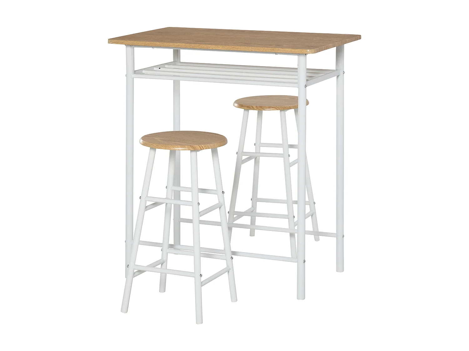 Conjunto de bar de 3 piezas con mesa de metal MDF y 2 taburetes para almacenaje de cocina y salón, roble blanco, 80 x 50 x 90 cm