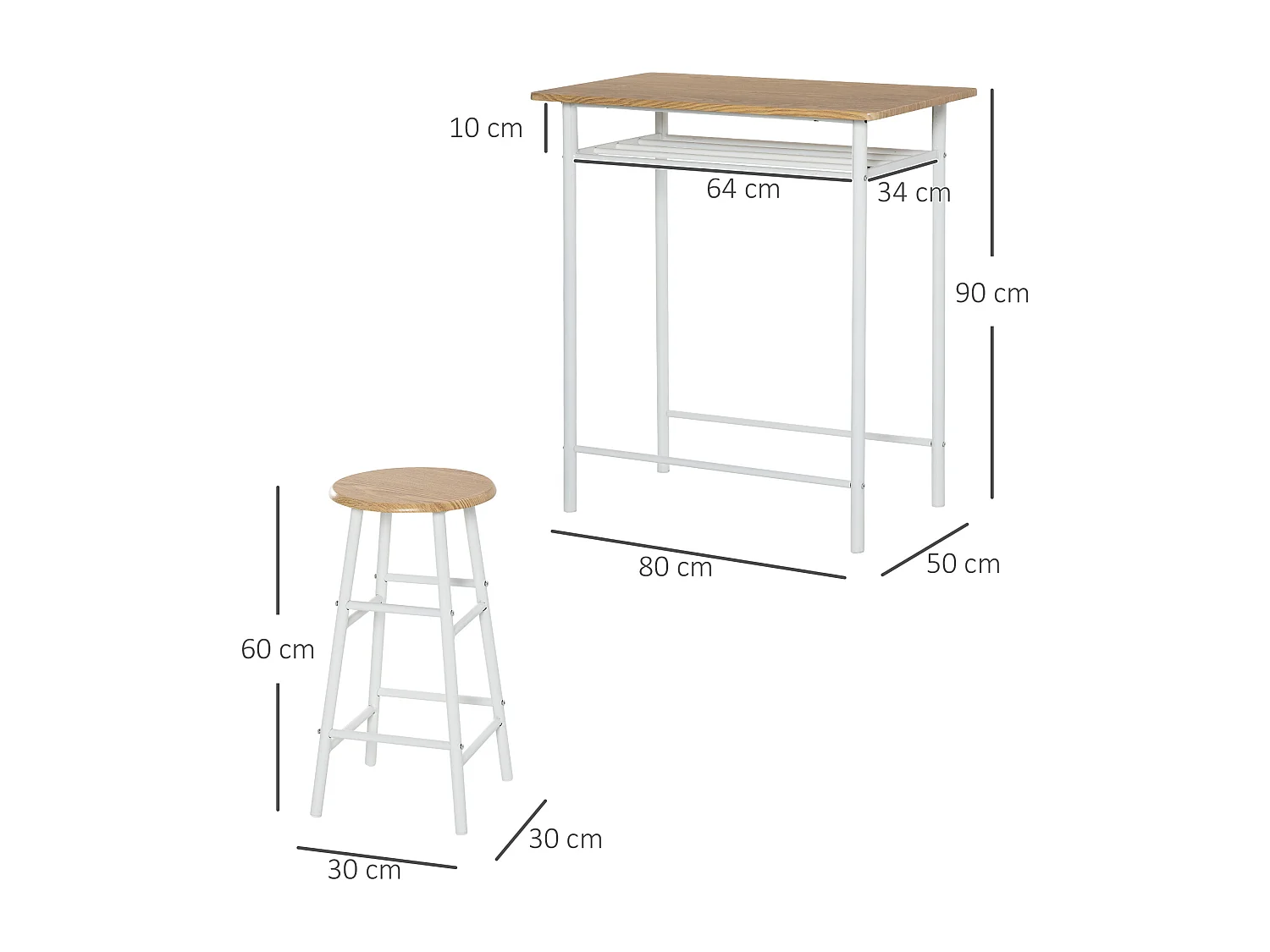 Conjunto de bar de 3 piezas con mesa de metal MDF y 2 taburetes para almacenaje de cocina y salón, roble blanco, 80 x 50 x 90 cm