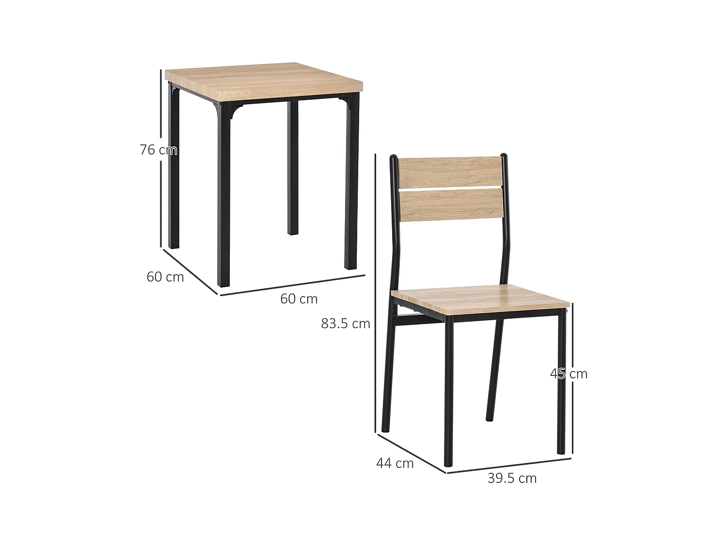 Conjunto de mesa 3 peças MDF metal 1 mesa 2 cadeiras cozinha sala madeira preta 60x60x76cm