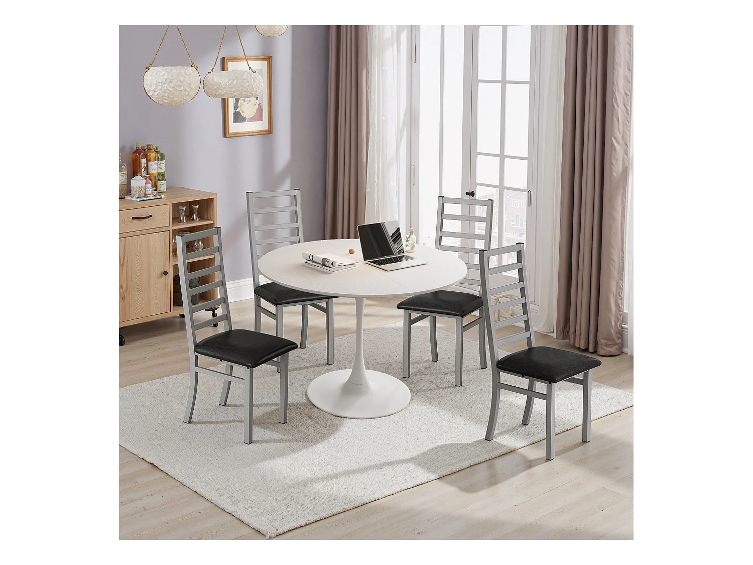 Tavolo completo da mangiatoia tulipe 120 cm 4 sedie MDF metallo salon café blanc gris