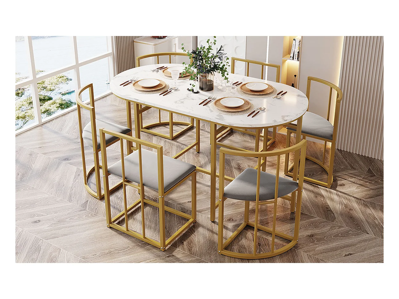 Conjunto de mesa con 6 sillas 180×90 cm MDF blanco + sillas de terciopelo gris + estructura de metal dorado