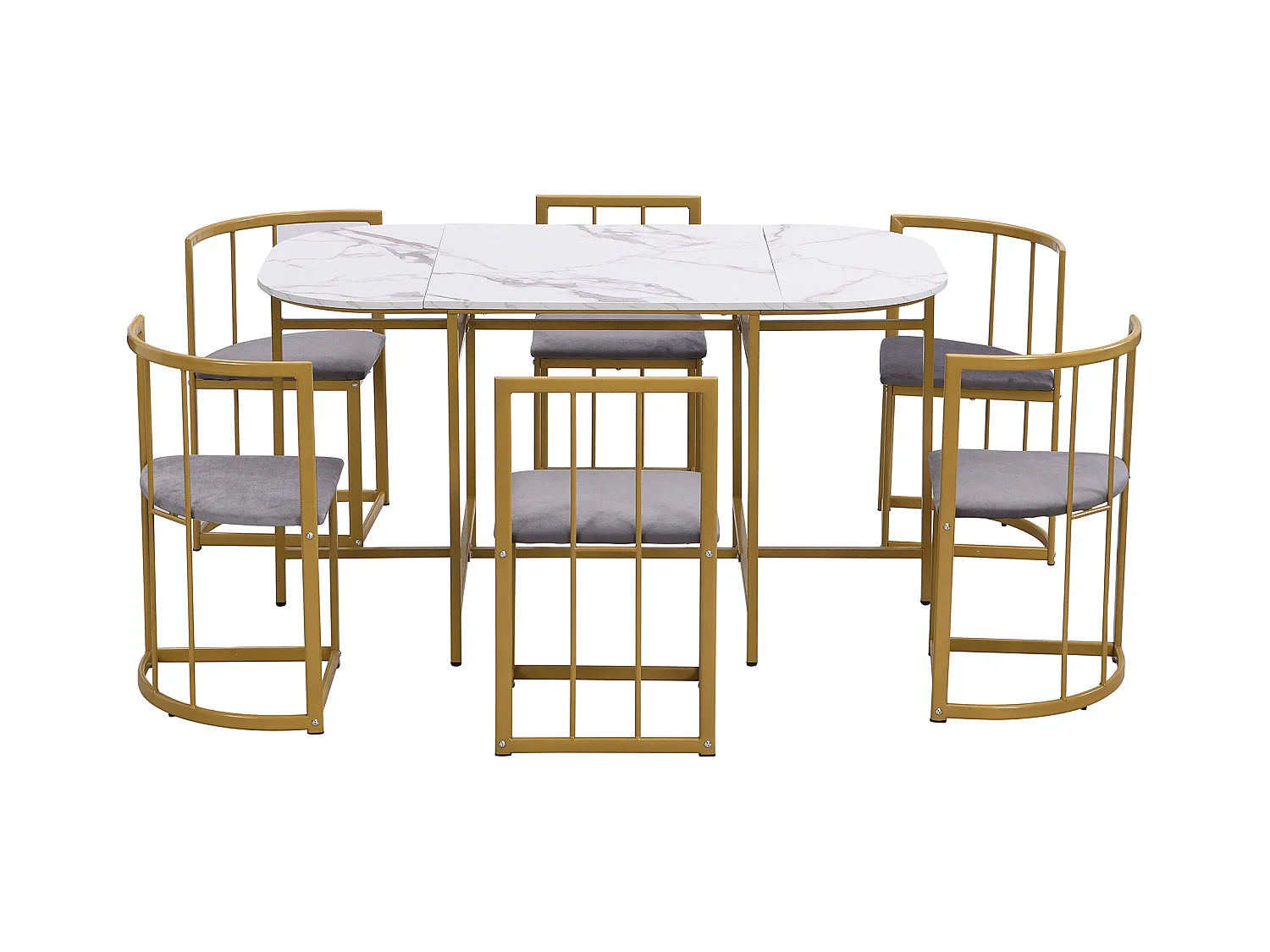 Conjunto de mesa con 6 sillas 180×90 cm MDF blanco + sillas de terciopelo gris + estructura de metal dorado