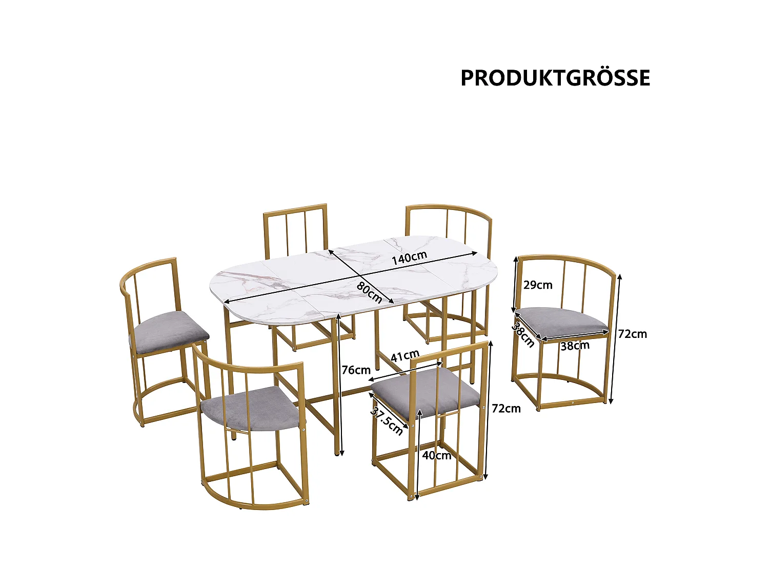 Conjunto de mesa con 6 sillas 180×90 cm MDF blanco + sillas de terciopelo gris + estructura de metal dorado