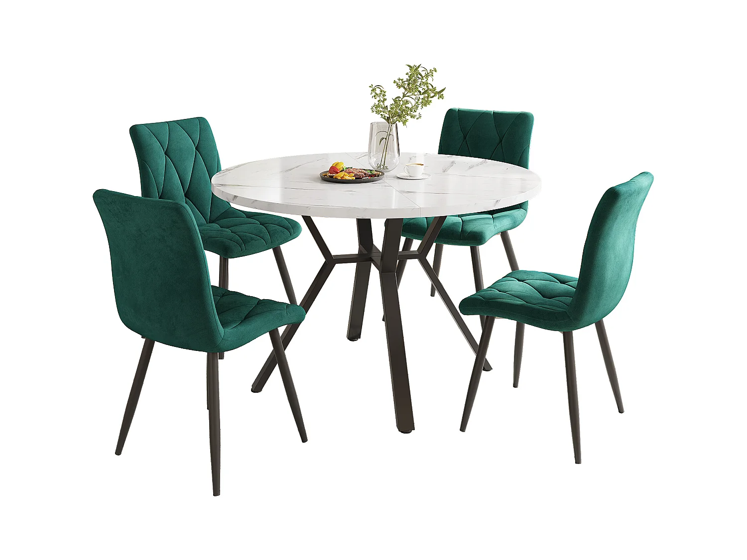 Tavolo completo ronde marmo MDF metallo 100 cm + 4 chaise longue velluto verde salle à manger