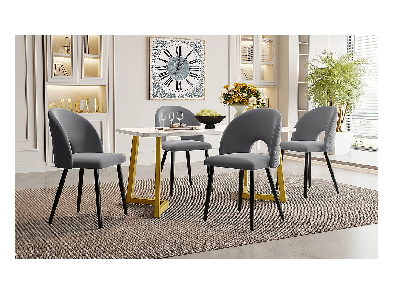 Ensemble Salle à Manger Tavolo 5 Pezzi 117×68 cm MDF Pieds Dorés Chaises Velours Gris Diamant