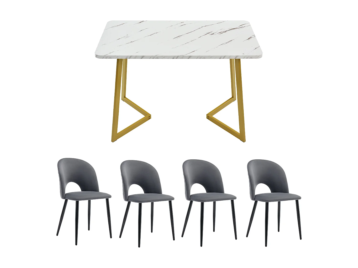 Ensemble Salle à Manger Tavolo 5 Pezzi 117×68 cm MDF Pieds Dorés Chaises Velours Gris Diamant