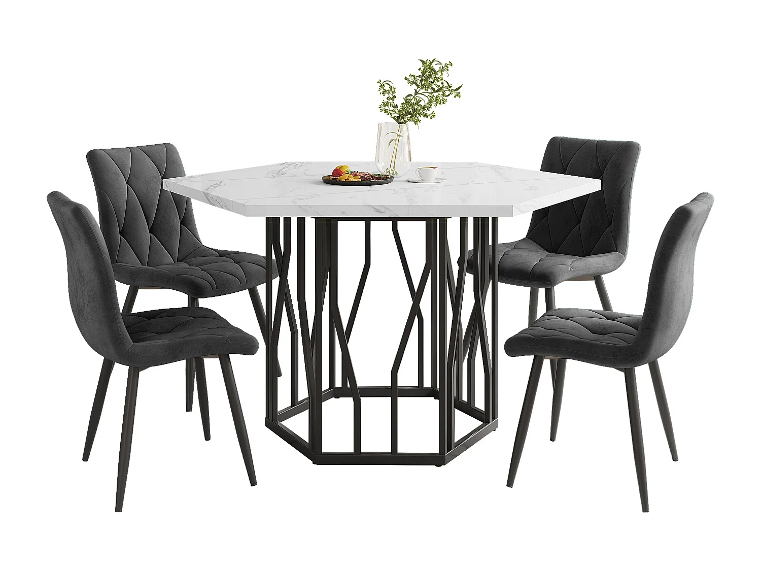 Conjunto mesa hexagonal 115,5x100 cm metal MDF + 4 sillas de comedor terciopelo gris