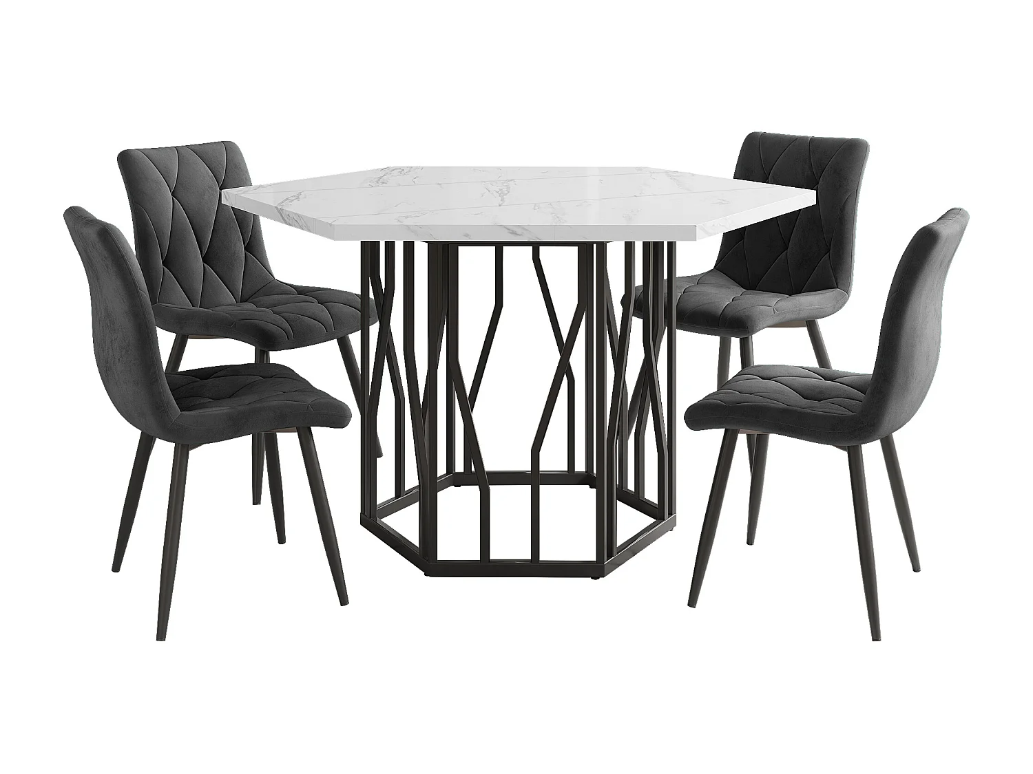 Conjunto mesa hexagonal 115,5x100 cm metal MDF + 4 sillas de comedor terciopelo gris