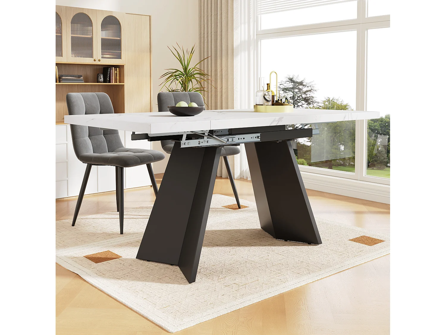 Conjunto de jantar de 5 peças com mesa extensível de MDF e 4 cadeiras de veludo cinza para sala de jantar