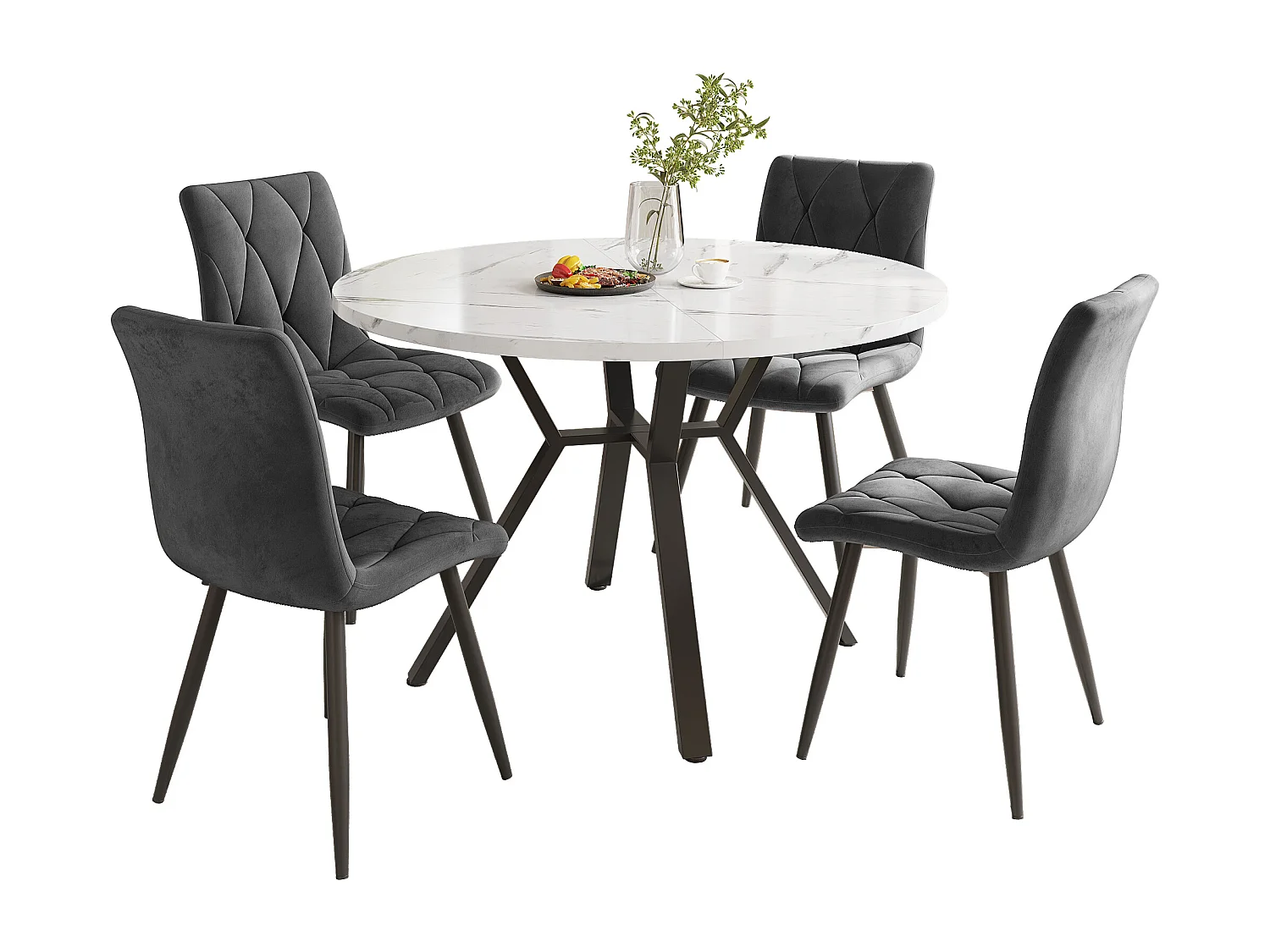 Conjunto de mesa redonda de metal MDF mármore 100 cm + 4 cadeiras de jantar de veludo cinza