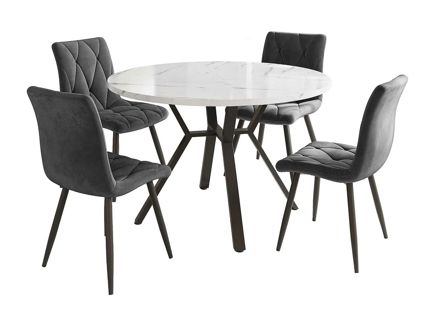 Conjunto de mesa redonda de metal MDF mármore 100 cm + 4 cadeiras de jantar de veludo cinza