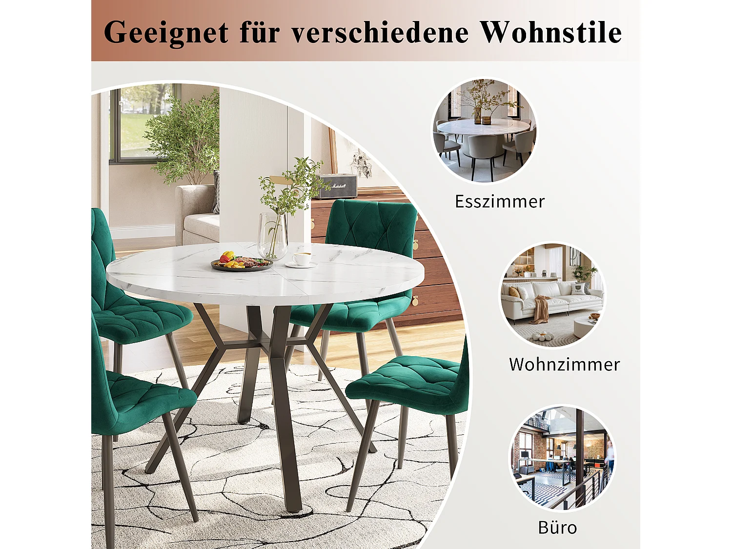 Conjunto de mesa redonda de metal MDF mármore 100 cm + 4 cadeiras de jantar de veludo cinza