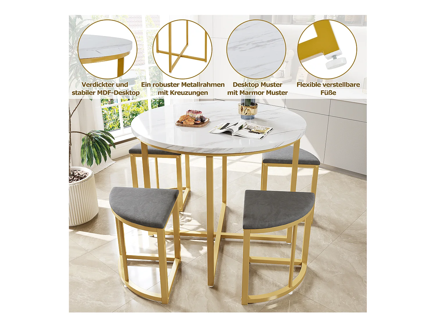 Conjunto de mesa redonda de 4 peças 80 cm MDF branco + 4 cadeiras de veludo cinza com pés de metal dourado